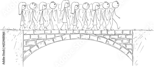 Group or Crowd of People Walking Over Bridge, vector cartoon stick figure or character illustration