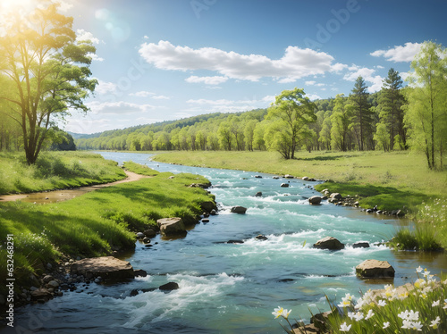 river in the spring forest with a natural background.  
