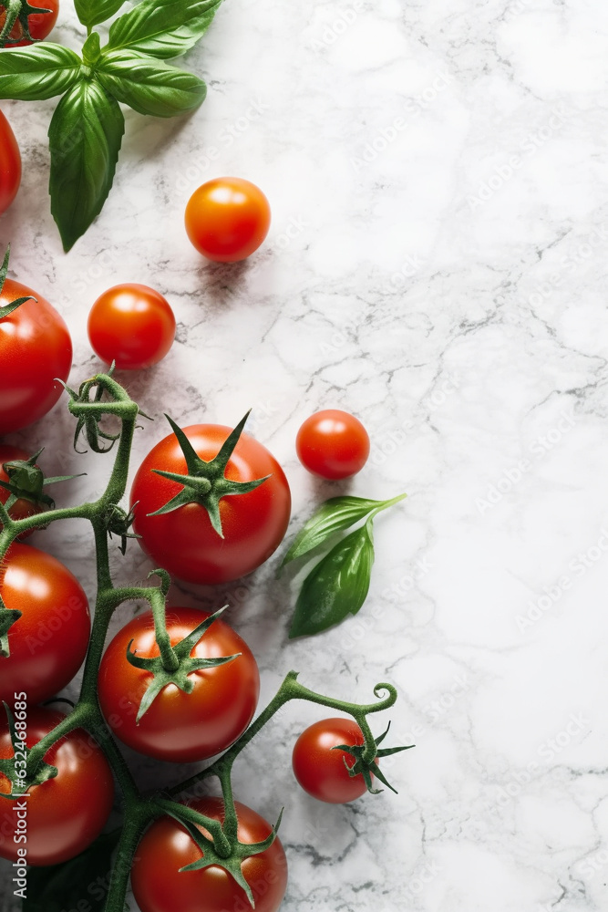 Fresh tomatoes and basil on white background, flat lay border background with copy space. Generative AI Fresh tomatoes and basil on white background, flat lay border background with copy space. Generative AI