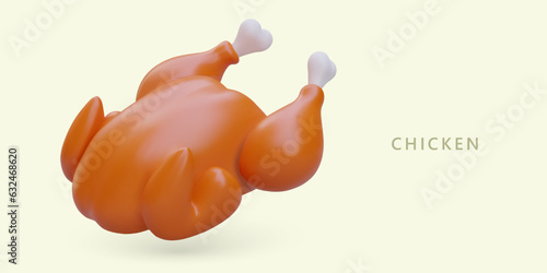 3D whole chicken grill. Baked bird. Delicious meat dish. Barbecue concept for meat department of supermarket. Signboard template for cooking. Ads for cooking courses