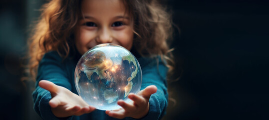 Girl holding crystal earth, Environment friendly. Saving the world from pollution, Climate change, Global warming, Eco-friendly, Save the world, Earth day