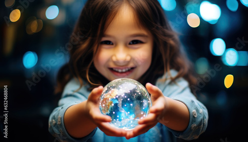 Girl holding crystal earth, Environment friendly. Saving the world from pollution, Climate change, Global warming, Eco-friendly, Save the world, Earth day