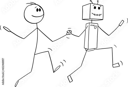 Happy Person Running Hand to Hand with Robot or Ai, Vector Cartoon Stick Figure Illustration