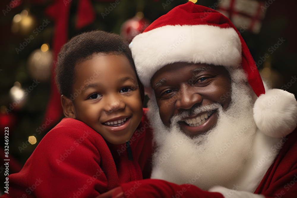 Happy kid sitting on Santa Claus laps, Christmas time. generative AI Happy kid sitting on Santa Claus laps, Christmas time. generative AI