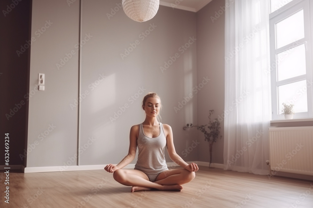 Woman practicing yoga at home. Healthy livestyle concept. Generative AI