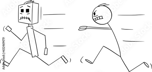 Mad Dangerous Person Chasing Robot, Vector Cartoon Stick Figure Illustration