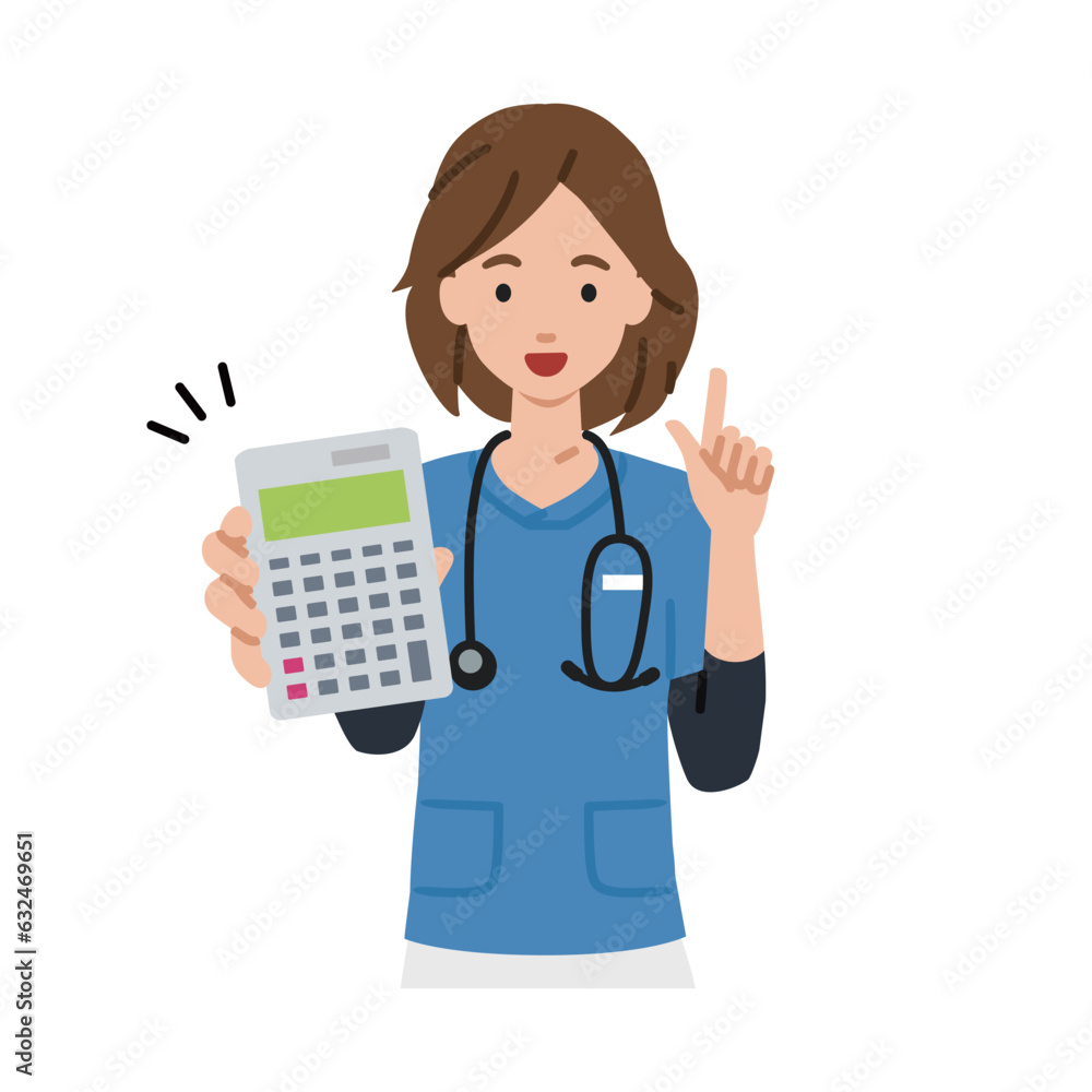 立って電卓を指差してこちらに向けて見せている看護師の女性