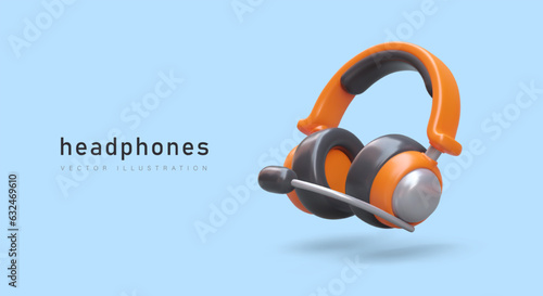 3D headphones with microphone. Headset for gamer, user, call center operator. Ergonomic wireless device. High quality sound reproduction. Advertising concept in cartoon style
