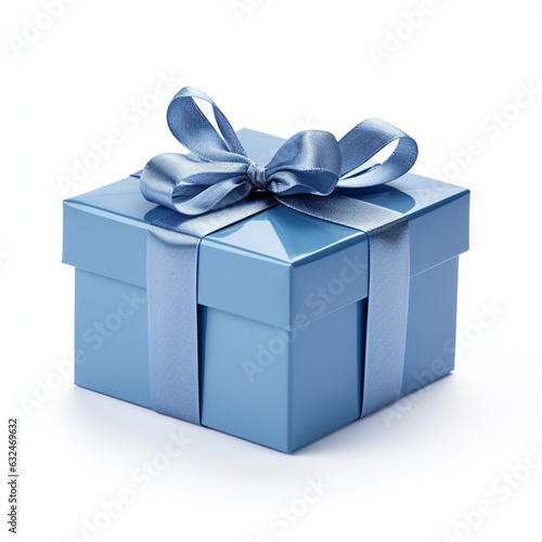 Blue gift box with white ribbon, white background © EnelEva