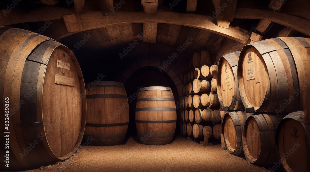 Old wine barrels stacked in a vineyard cellar created by Generative AI