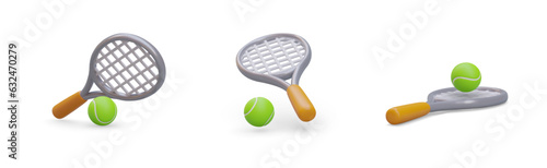 Tennis racket, green ball. Set of vector images on white background. Sports icons. Object in different positions. Illustrations for site of tennis school, equipment store