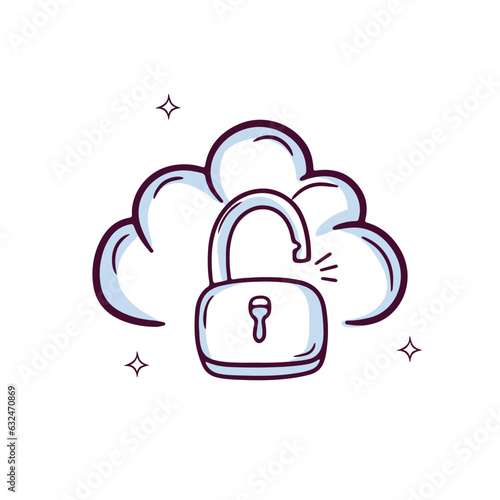 Hand Drawn Cloud Icon With Unlocked Padlock. Doodle Sketch Vector Illustration