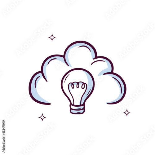 Hand Drawn Cloud Icon With Lighbulb. Doodle Sketch Vector Illustration