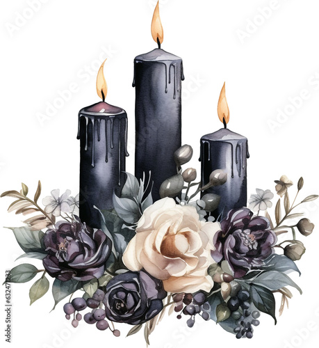 Fotografie, Obraz black candles and roses watercolor on white background