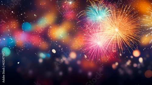 Colorful firework with bokeh background. New Year celebration. copy space, high quality