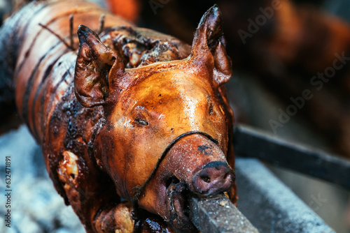 Whole pig spit roasted on traditional festival in Serbia