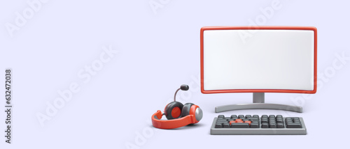 Realistic monitor with empty screen, headphones, keyboard. Banner with space for commercial announcement. Concept for computer equipment stores. Gaming. Learning IT technologies