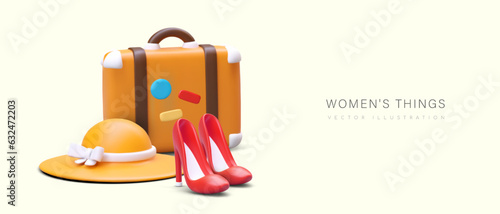 Women things. Realistic composition on light background. Shoes, hat, suitcase with tourist stickers. Vacationer set. Goods for travel. Summer sale template