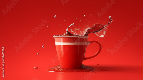 Cup mockup with coffee splash isolated on red background by Generative AI