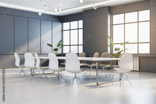 Modern concrete conference room interior with furniture and window with city view. 3D Rendering.