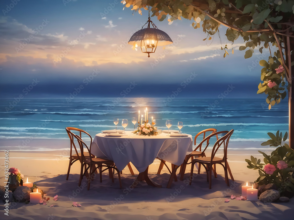 Romantic dinner table on the beach. Generate Ai art