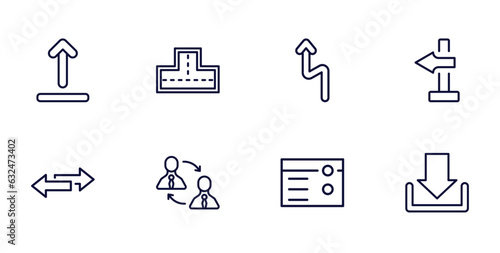 set of user interface thin line icons. user interface outline icons such as upload button, crossroad, blank left arrow, double arrows, job transition, make, big download arrow vector.