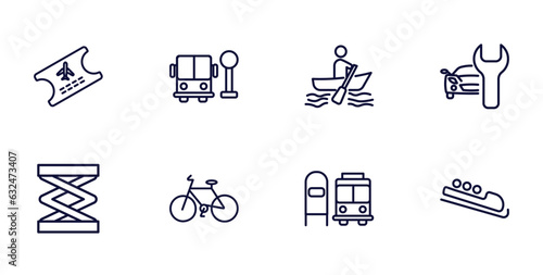 set of transportation thin line icons. transportation outline icons such as plane tickets, school bus stop, car repair, lifter, bicycle side view, scholar bus stop, bobsleigh vector.