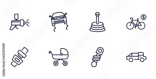 set of transportation thin line icons. transportation outline icons such as car painting, slippy road, bicycle rental, seatbelt, pram, shock breaker, midget car vector.