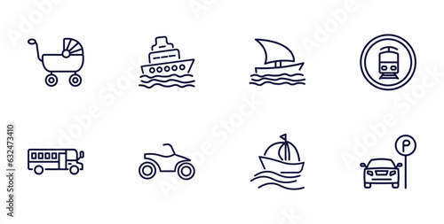 set of transportation thin line icons. transportation outline icons such as babysitter, ferry, tram stop label, school bus empty, quad bike, sailing, car parking vector.