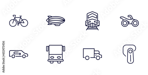 set of transportation thin line icons. transportation outline icons such as bikes, blimp, motorbike, recirculation, public transportation, trucking, hands free device vector.