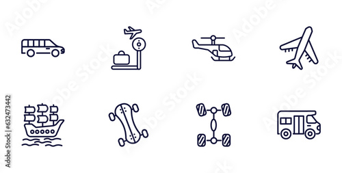 set of transportation thin line icons. transportation outline icons such as long car, airport checking, air transport, galleon, longboard, chassis, school van vector.