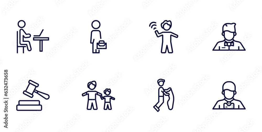 set of people thin line icons. people outline icons such as working at the office, salesman working, waiter working, judge with hammer, hand of an adult, playing with a rope, photographer vector. set of people thin line icons. people outline icons such as working at the office, salesman working, waiter working, judge with hammer, hand of an adult, playing with a rope, photographer vector.