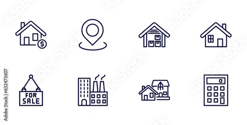 set of real estate industry thin line icons. real estate industry outline icons such as or, map location, property, for sale, industrial park, houses, calculate vector.