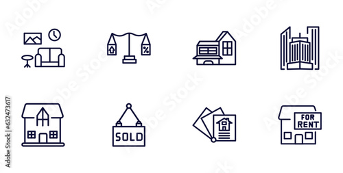 set of real estate industry thin line icons. real estate industry outline icons such as house decoration, juridical, skyscraper, mansion, sold, catalog, for rent vector.
