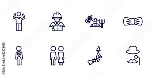 set of people thin line icons. people outline icons such as success man happy, architech working, elegance, bestman, woman and man partners, witch flying broom, sir vector.