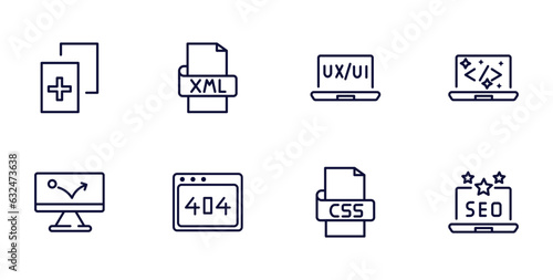 set of information technology thin line icons. information technology outline icons such as duplicate, xml, clean code, advertising bounce, 404 error, css, seo reputation vector.