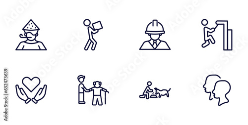 set of people thin line icons. people outline icons such as man partying, men carrying a box, helping other to jump, heart in hands, help the elderly, feeding a dog, heads vector.
