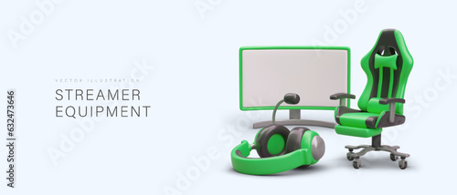 Professional video blogger equipment. 3D green streamer accessories. Items for organizing blogger workplace. Ergonomic chair, headphones with microphone, wide view screen