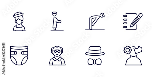 set of people and relation thin line icons. people and relation outline icons such as chilean, qiyam, pencil and notebook, baby diaper, old man, elegant, psychology vector.