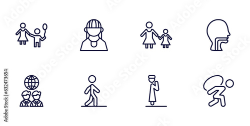 set of people and relation thin line icons. people and relation outline icons such as babysitter and child, amazonian, throat, business partnership, bast, takbir, burden vector.