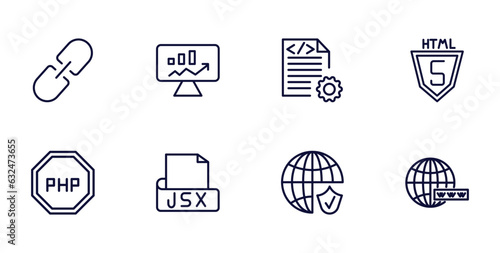 set of information technology thin line icons. information technology outline icons such as hyperlink, seo monitoring, html5, programming language, jsx, secured network, www vector.