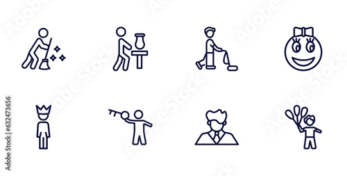 set of people thin line icons. people outline icons such as sweeping person, sculptor working, girl smile, man with crown, man with big key, man with company, child and balloons vector.