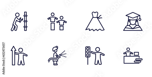 set of people thin line icons. people outline icons such as plumber working, team work success, graduating woman, worker success, firefighter working, traffic hand, assembler vector.