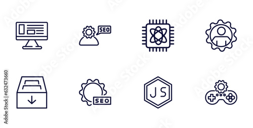 set of information technology thin line icons. information technology outline icons such as adaptive layout, seo consulting, seo management, archive, image seo, js, game development vector.