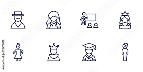 set of people and relation thin line icons. people and relation outline icons such as spanish man, female doctor, princes, bearded woman, empress, graduated student, bohemian vector.