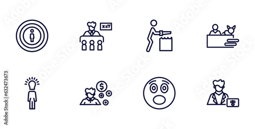set of people thin line icons. people outline icons such as man with target, teacher and students, vet with cat, man with idea, book keeper, surprised smile, radiologist working vector.
