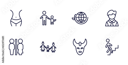 set of people and relation thin line icons. people and relation outline icons such as hips, father and children, bussiness man, restroom, lesbian couple son, devil mask, walking downstairs vector.