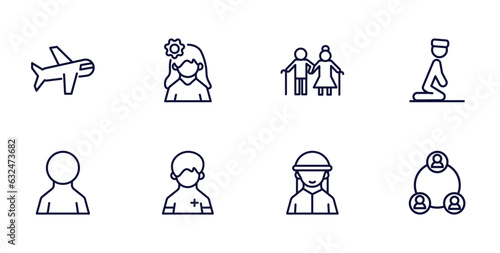 set of people and relation thin line icons. people and relation outline icons such as aviation, woman with flower, julus, male user, pacient, bedouin, serve vector.