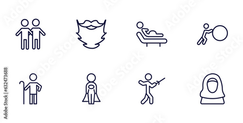 set of people and relation thin line icons. people and relation outline icons such as friends, beard, effort, shepherd, cape, fencing attack, arab woman vector.