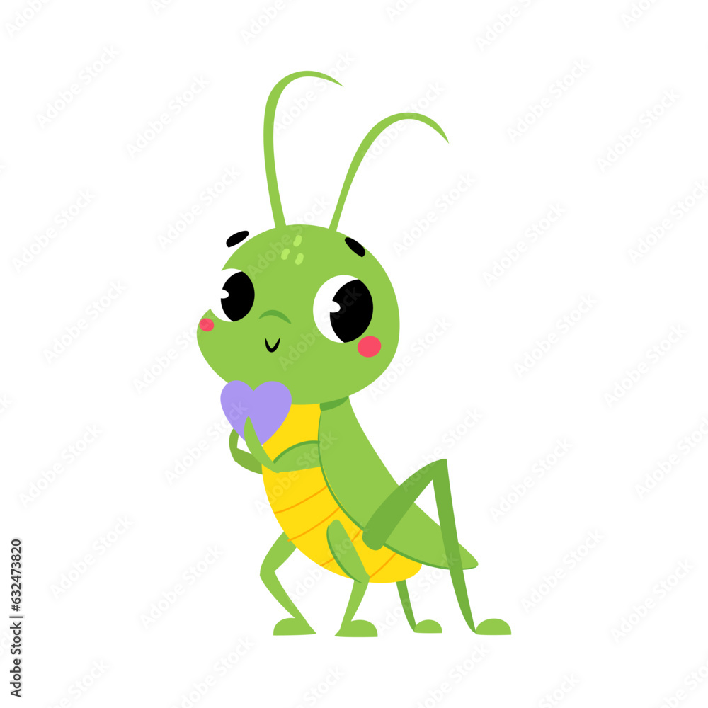 Fototapeta premium Cute Green Grasshopper Character Hold Heart Vector Illustration